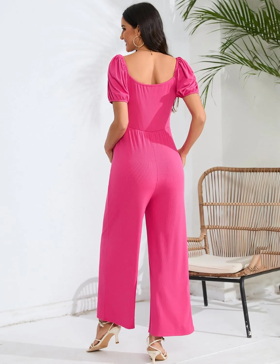 Women's Maternity Summer Cutout Jumpsuits Puff Short Sleeve Sweetheart Neck Ruffle Casual High Waist Wide leg Rompers