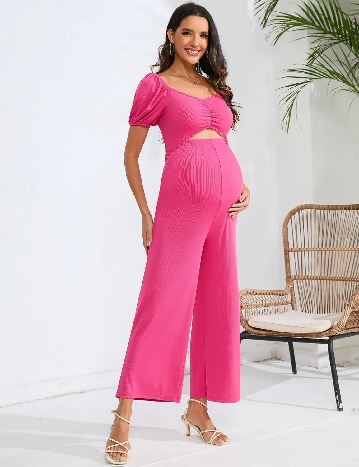 Women's Maternity Summer Cutout Jumpsuits Puff Short Sleeve Sweetheart Neck Ruffle Casual High Waist Wide leg Rompers