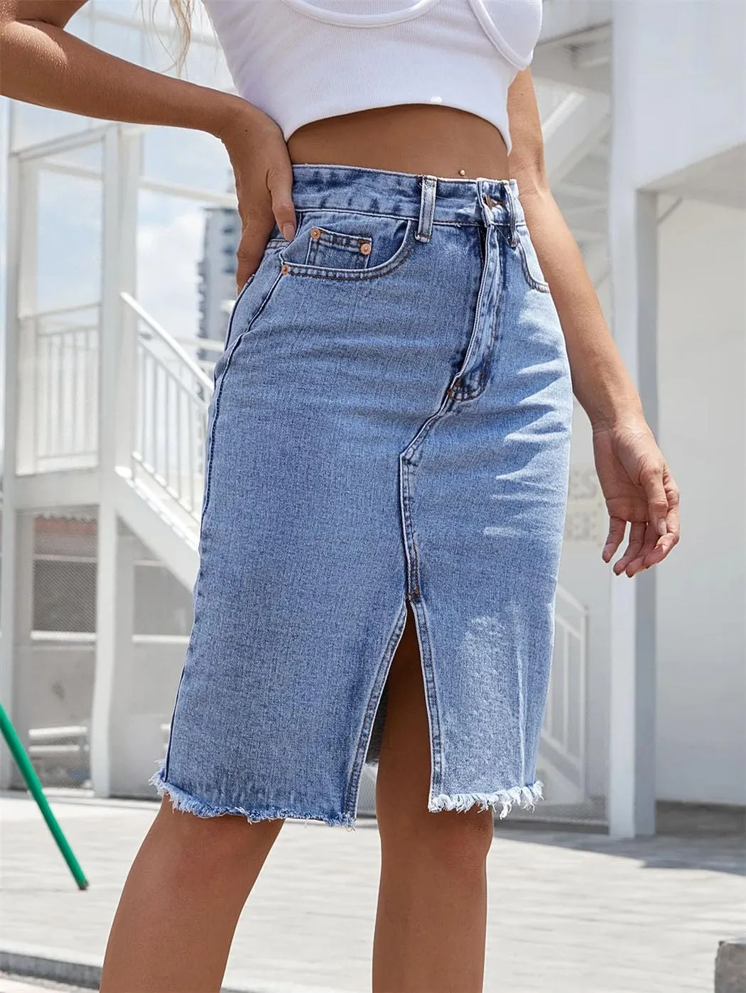 Women's Midi Cotton Denim Skirt 2025 Slim High Waist Packaged Hip Frayed Raw Hem Office Elegant Jean Skirts