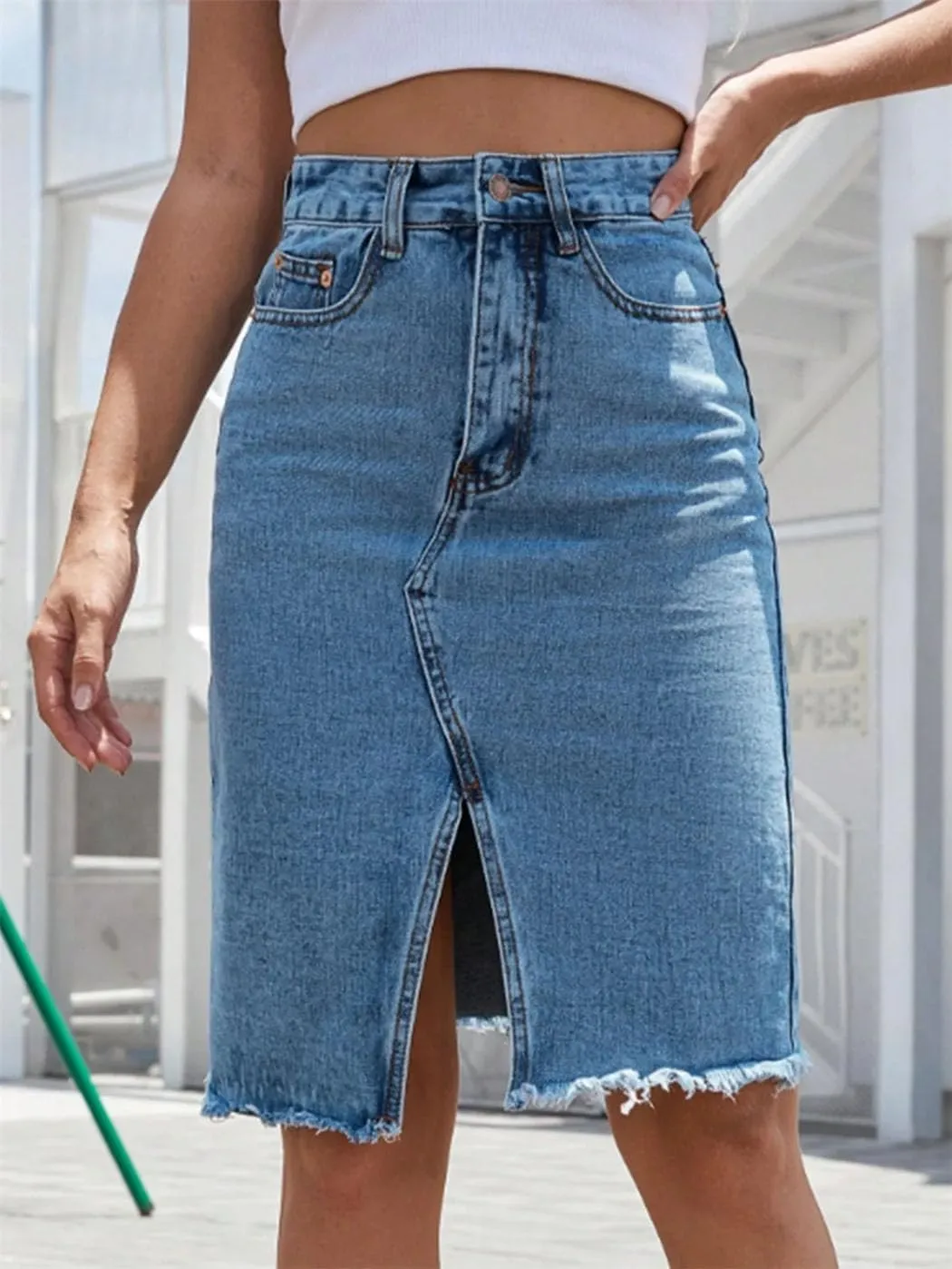 Women's Midi Cotton Denim Skirt 2025 Slim High Waist Packaged Hip Frayed Raw Hem Office Elegant Jean Skirts