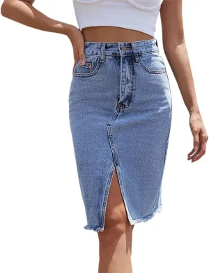 Women's Midi Cotton Denim Skirt 2025 Slim High Waist Packaged Hip Frayed Raw Hem Office Elegant Jean Skirts
