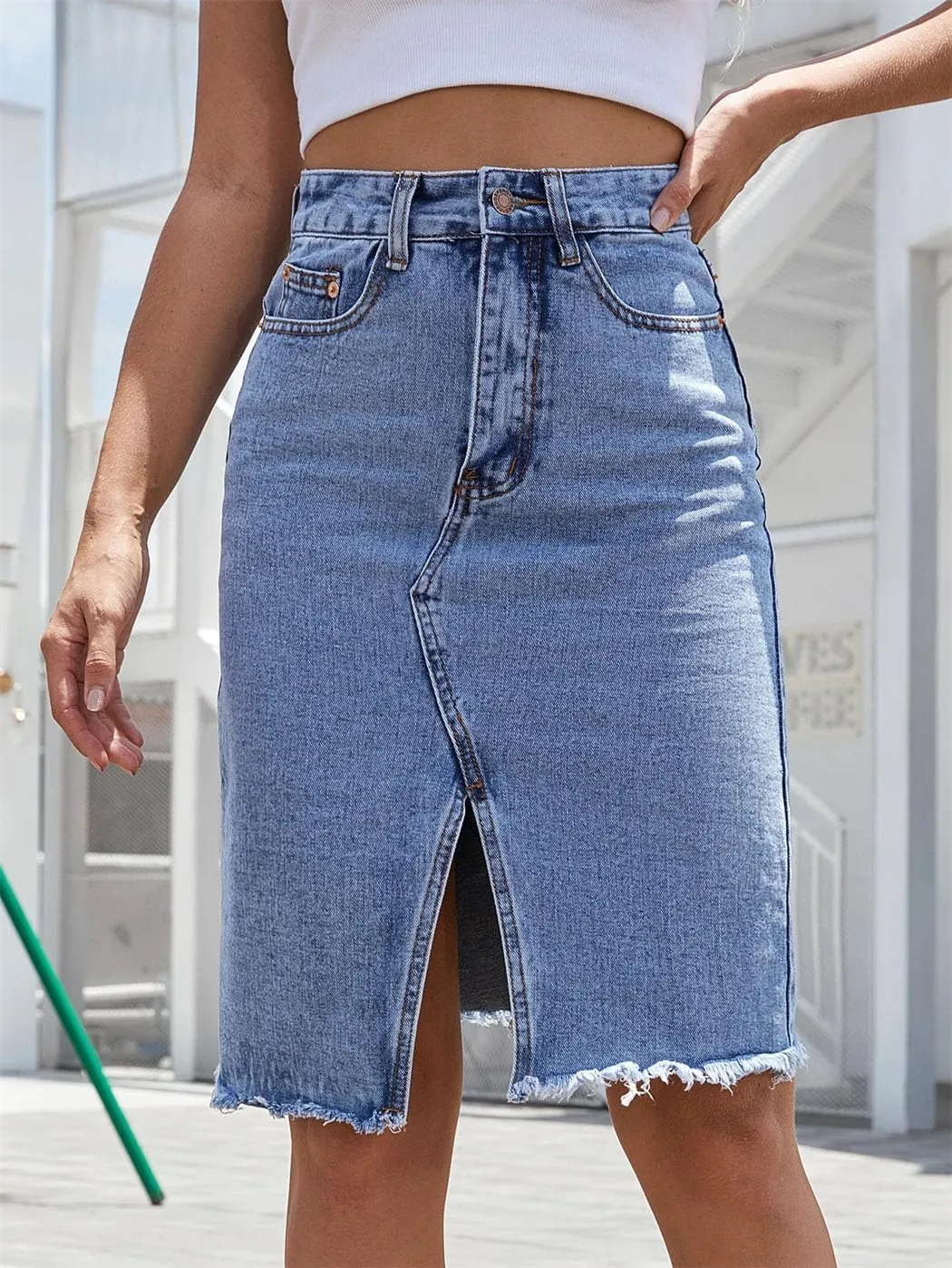 Women's Midi Cotton Denim Skirt 2025 Slim High Waist Packaged Hip Frayed Raw Hem Office Elegant Jean Skirts