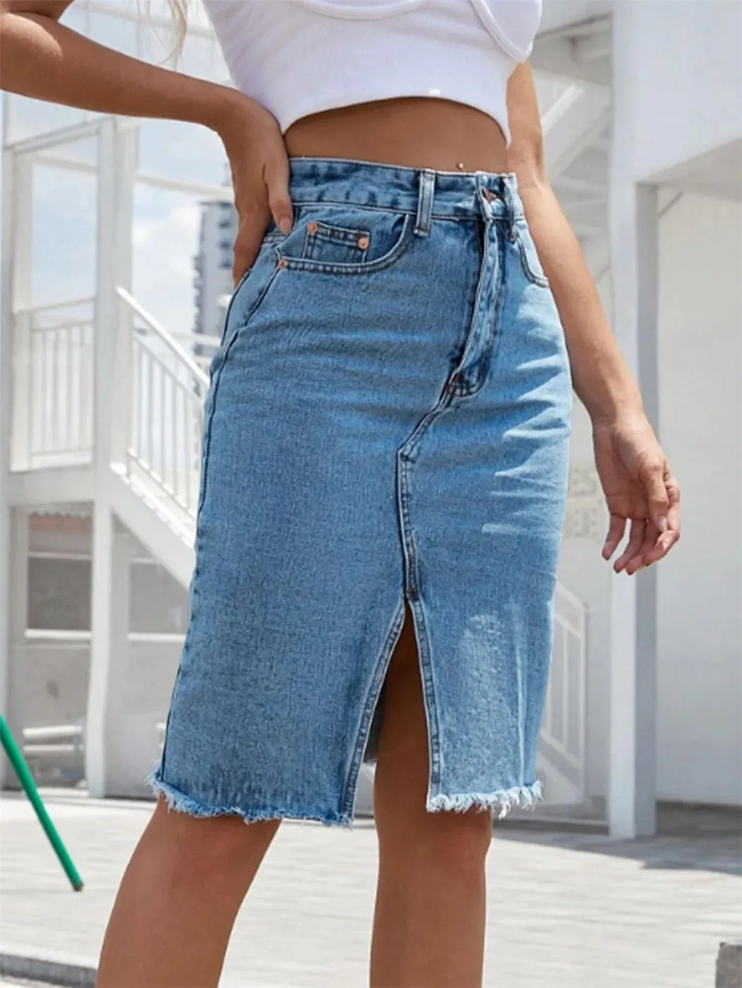 Women's Midi Cotton Denim Skirt 2025 Slim High Waist Packaged Hip Frayed Raw Hem Office Elegant Jean Skirts