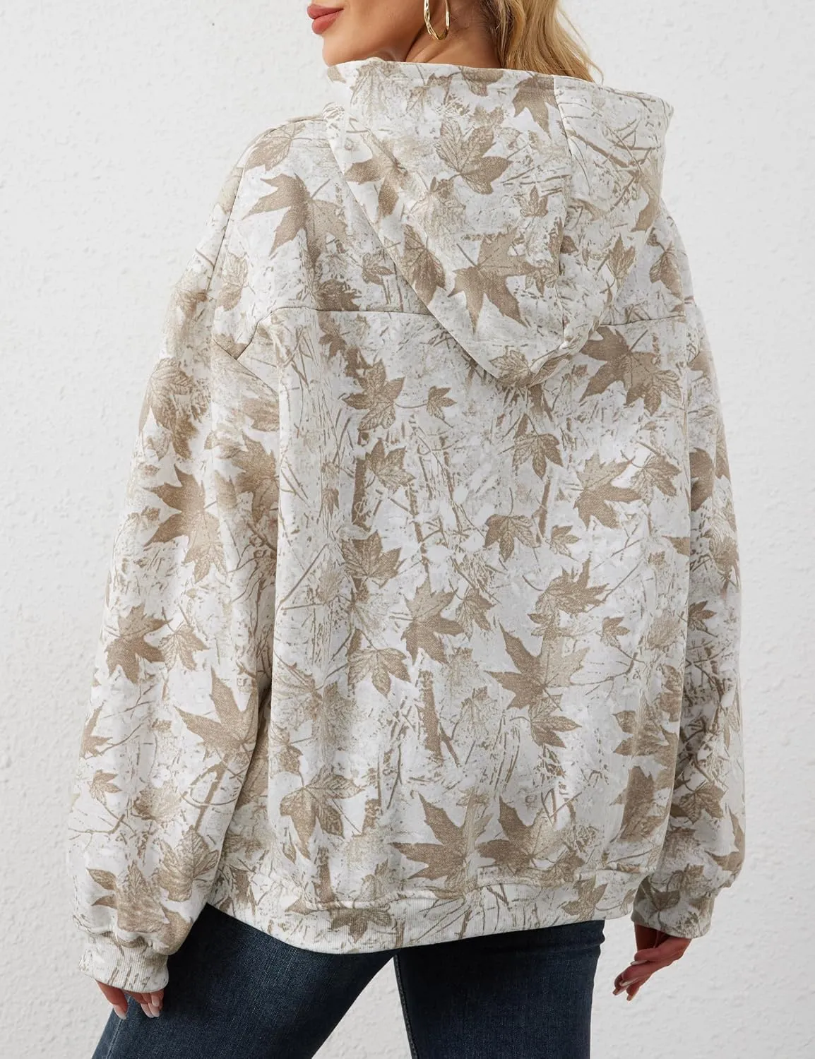 Womens Oversized Camo Hoodie Sweatshirt Maple Leaf Print Fleece Pullover Sweatshirts Long Sleeve Fall Hoodies