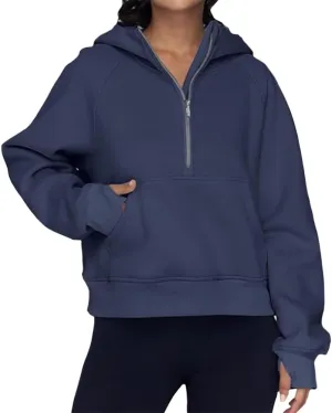 Womens Oversized Hoodies Spring Fall Casual Quarter Zip Hooded Pullover Kangaroo Pocket Thumb Hole