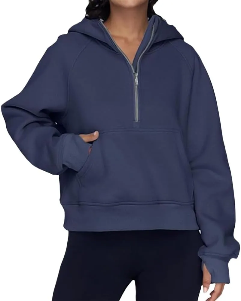 Womens Oversized Hoodies Spring Fall Casual Quarter Zip Hooded Pullover Kangaroo Pocket Thumb Hole