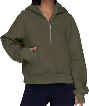 Womens Oversized Hoodies Spring Fall Casual Quarter Zip Hooded Pullover Kangaroo Pocket Thumb Hole