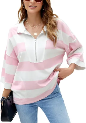 Womens Oversized Sweatshirt Short Sleeve V Neck Casual Pullover Striped Zip Up Generic Sweatshirts