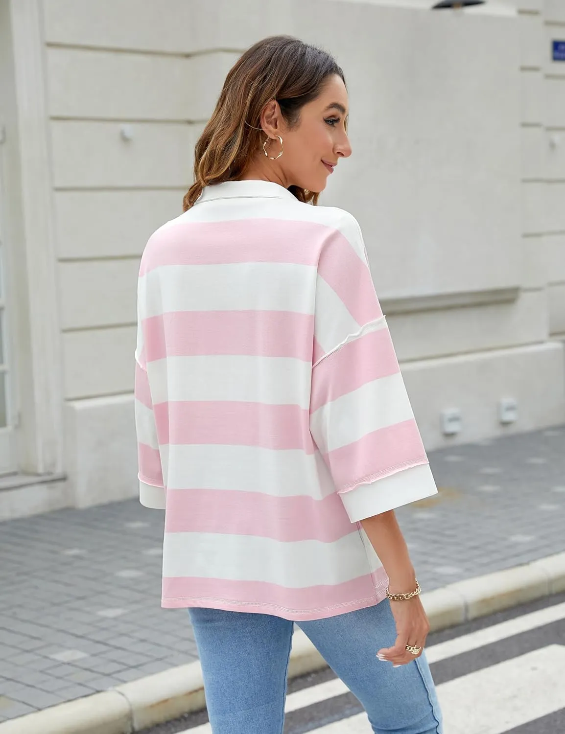 Womens Oversized Sweatshirt Short Sleeve V Neck Casual Pullover Striped Zip Up Generic Sweatshirts