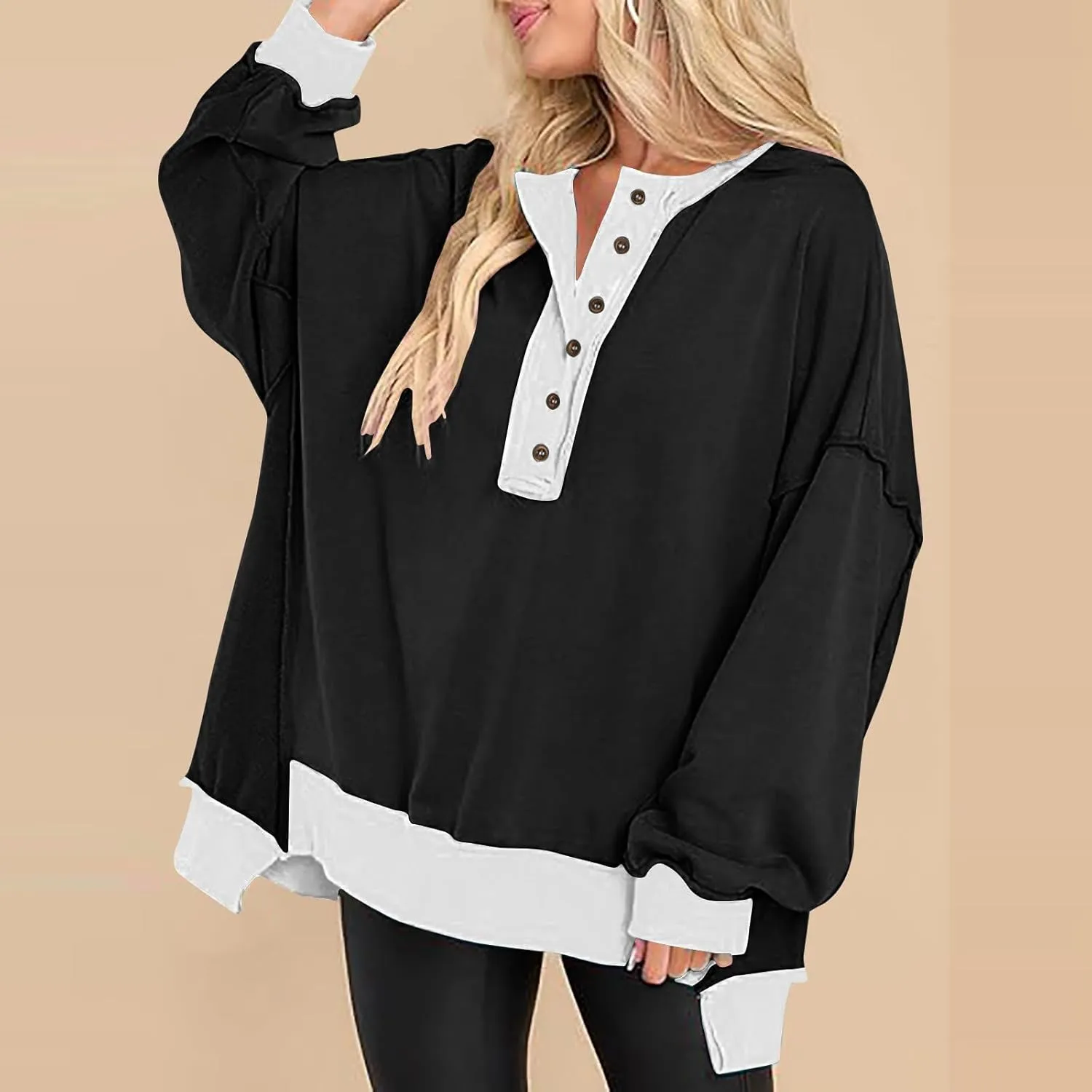 Women's Oversized Sweatshirts Long Sleeve Henley Button Down Pullover Hoodies Tunic Tops 2024 Trendy Fall Clothes