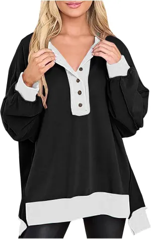 Women's Oversized Sweatshirts Long Sleeve Henley Button Down Pullover Hoodies Tunic Tops 2024 Trendy Fall Clothes