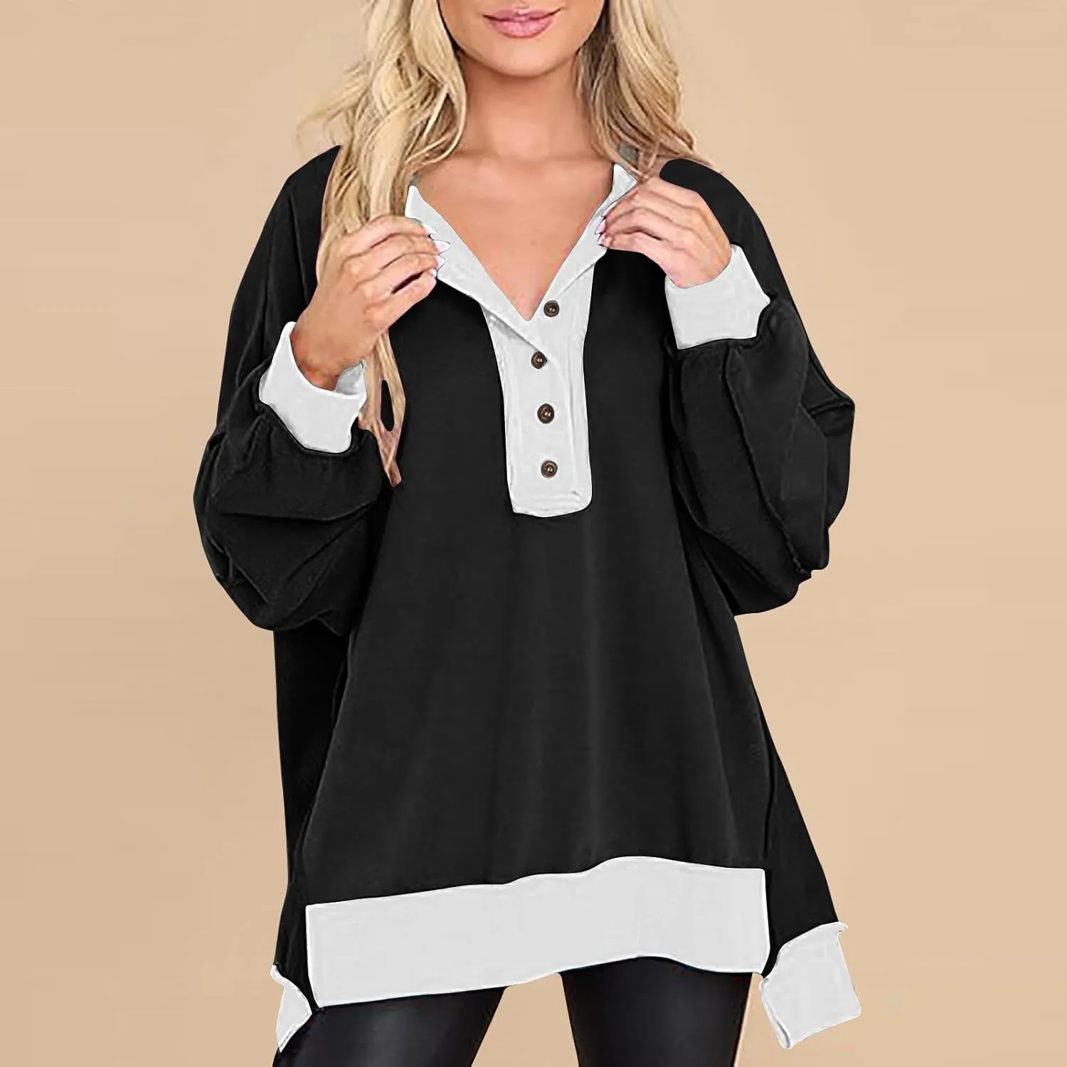 Women's Oversized Sweatshirts Long Sleeve Henley Button Down Pullover Hoodies Tunic Tops 2024 Trendy Fall Clothes
