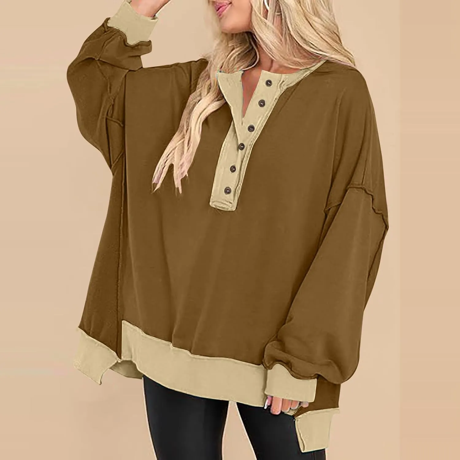 Women's Oversized Sweatshirts Long Sleeve Henley Button Down Pullover Hoodies Tunic Tops 2024 Trendy Fall Clothes