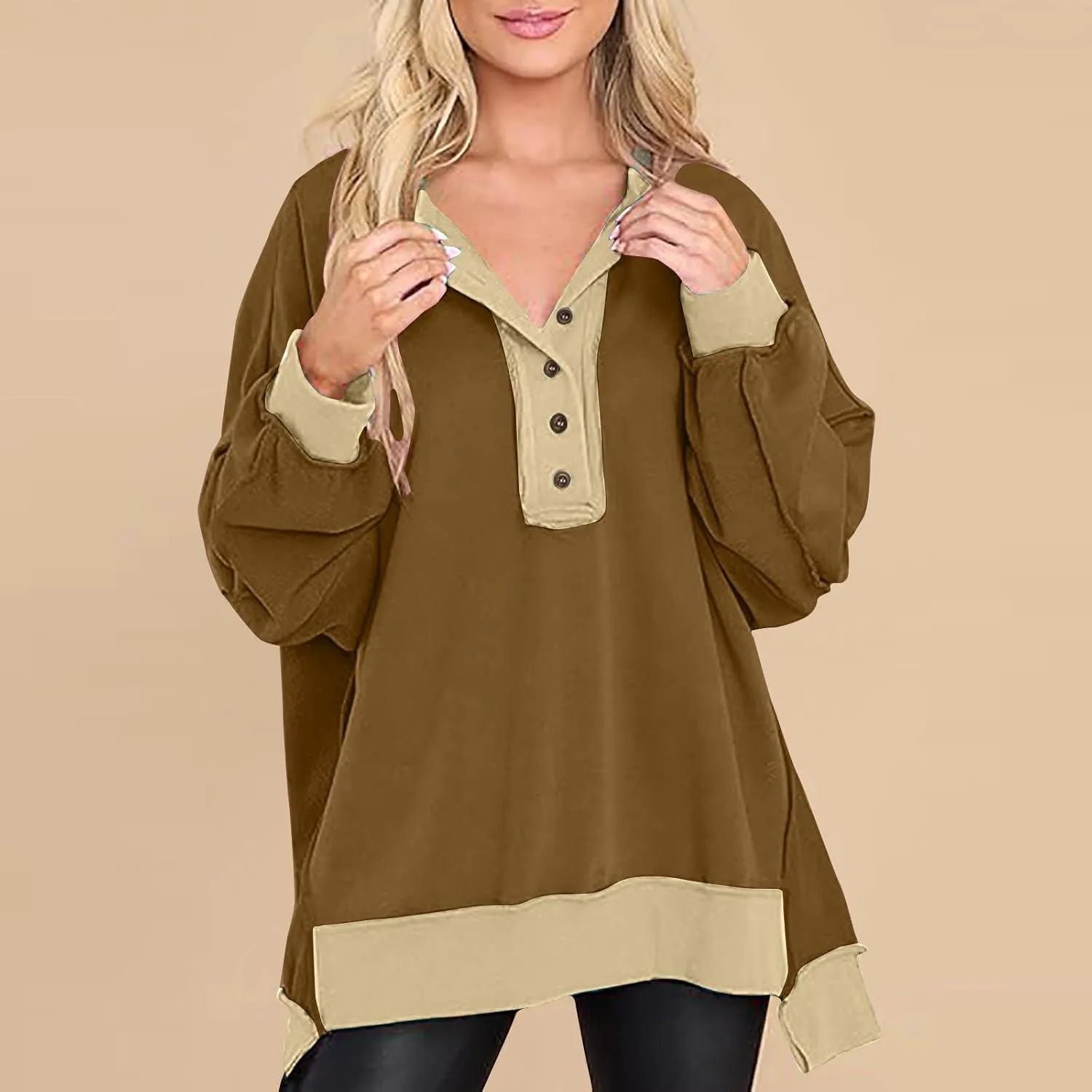Women's Oversized Sweatshirts Long Sleeve Henley Button Down Pullover Hoodies Tunic Tops 2024 Trendy Fall Clothes