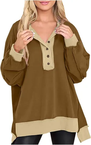 Women's Oversized Sweatshirts Long Sleeve Henley Button Down Pullover Hoodies Tunic Tops 2024 Trendy Fall Clothes