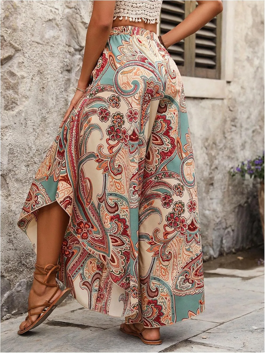 Women's Paisley Print Boho Pants Wide Leg Baggy Pants Elastic High Waisted Summer Lounge Beach Trousers