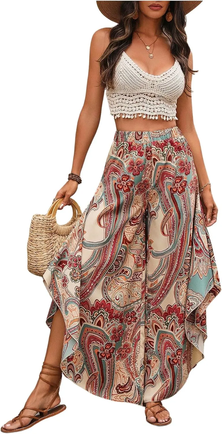 Women's Paisley Print Boho Pants Wide Leg Baggy Pants Elastic High Waisted Summer Lounge Beach Trousers