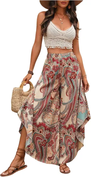 Women's Paisley Print Boho Pants Wide Leg Baggy Pants Elastic High Waisted Summer Lounge Beach Trousers