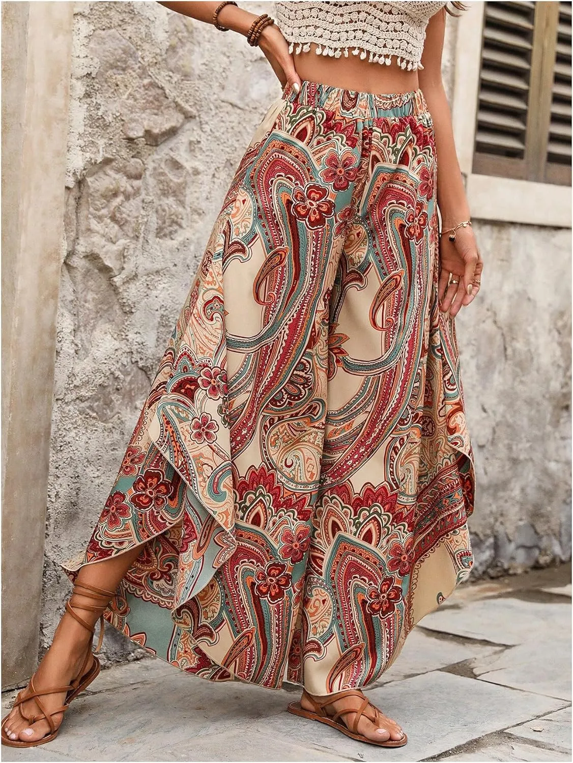 Women's Paisley Print Boho Pants Wide Leg Baggy Pants Elastic High Waisted Summer Lounge Beach Trousers