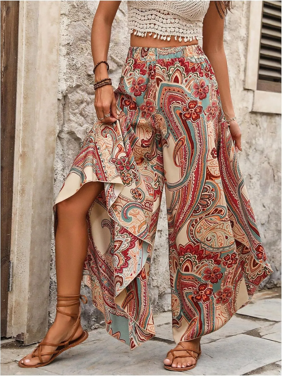 Women's Paisley Print Boho Pants Wide Leg Baggy Pants Elastic High Waisted Summer Lounge Beach Trousers