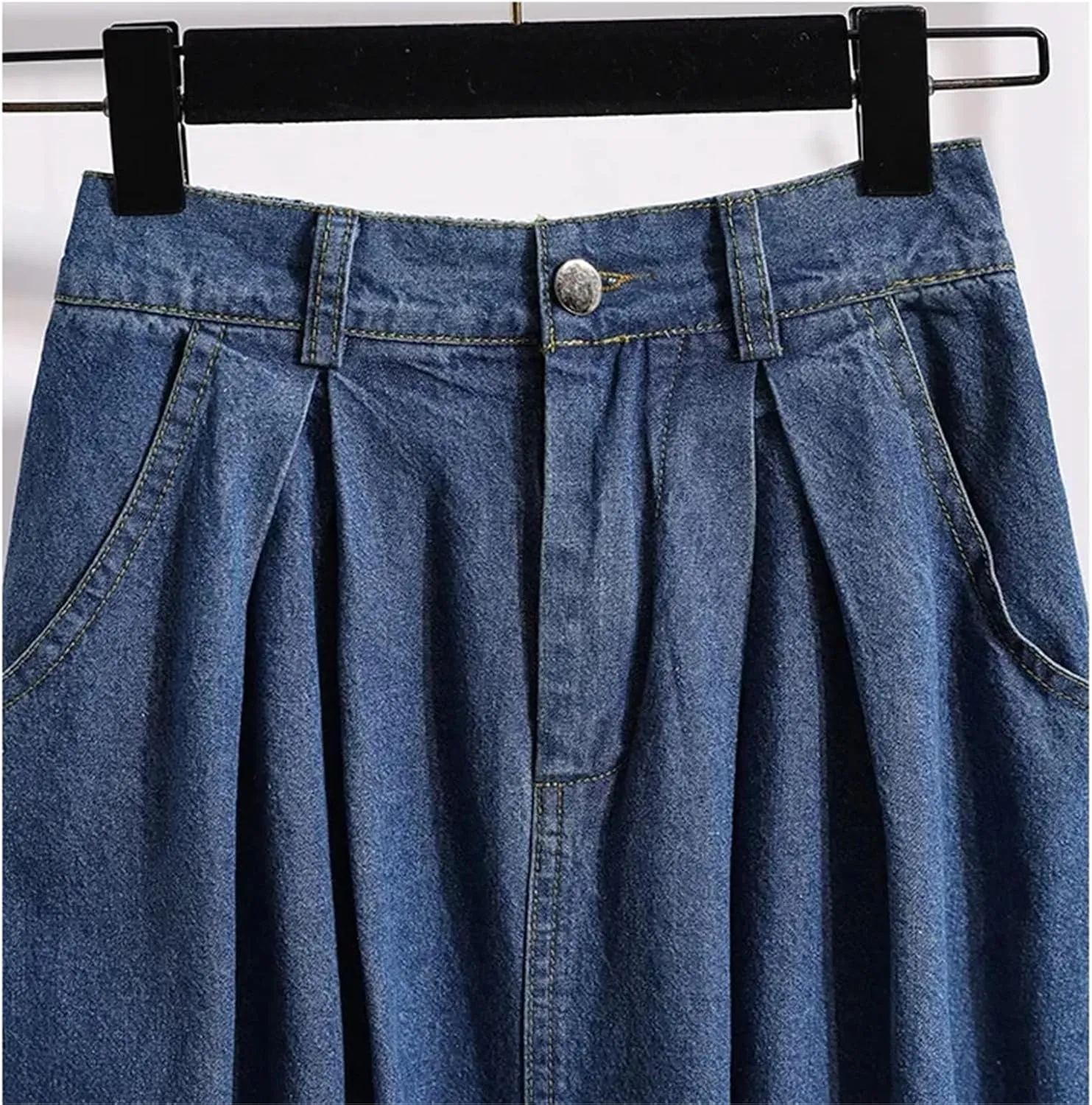 Women's Pleated High Waist Denim Skirt Summer Casual A-Line Midi Jean Skirt