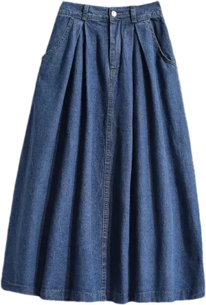 Women's Pleated High Waist Denim Skirt Summer Casual A-Line Midi Jean Skirt