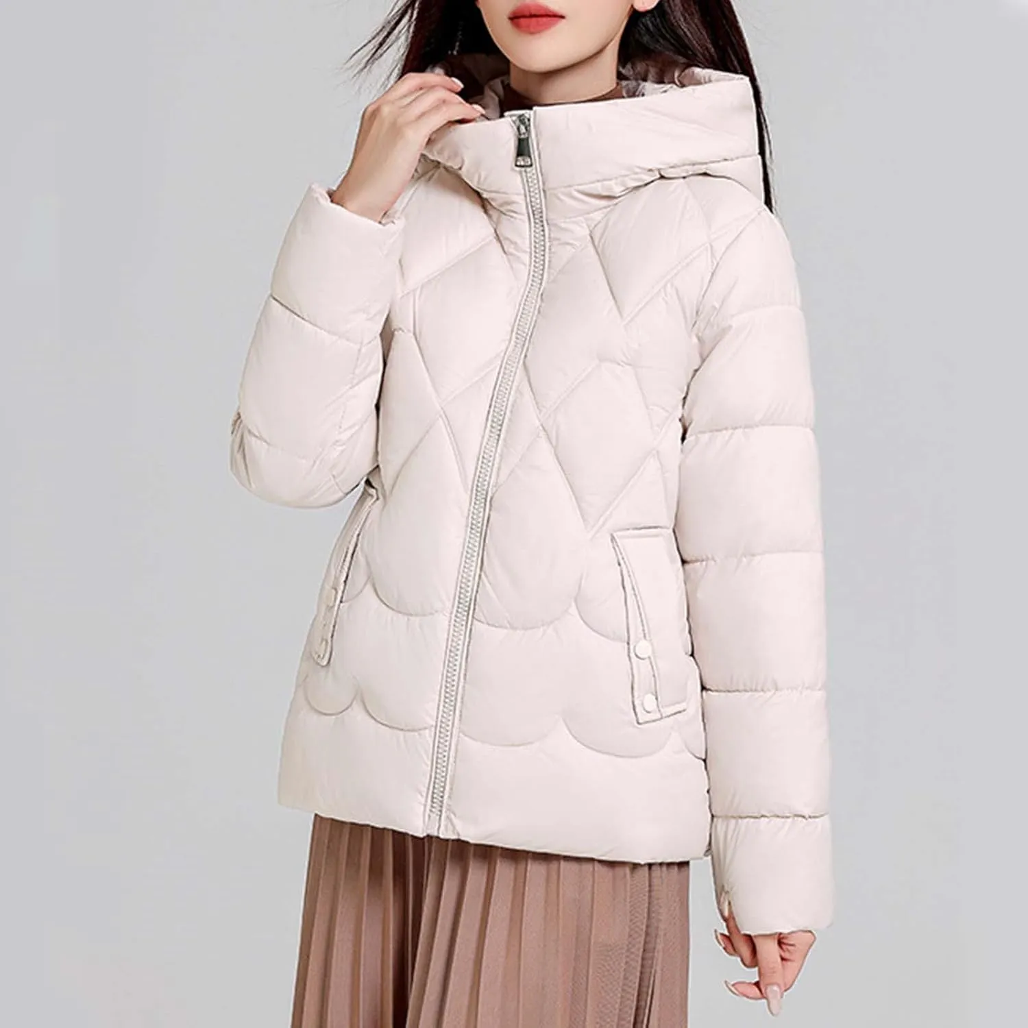 Womens Puffer Jacket Winter Solid Color Hooded Down Coat Thicken Warm Long Sleeves Jackets Casual Packable Coats