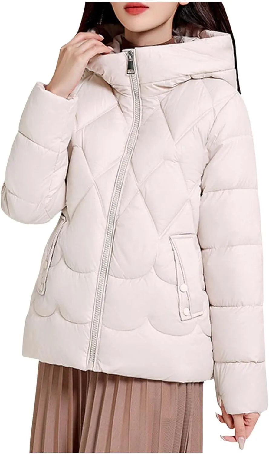 Womens Puffer Jacket Winter Solid Color Hooded Down Coat Thicken Warm Long Sleeves Jackets Casual Packable Coats