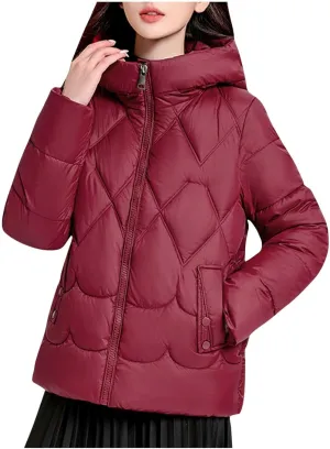 Womens Puffer Jacket Winter Solid Color Hooded Down Coat Thicken Warm Long Sleeves Jackets Casual Packable Coats