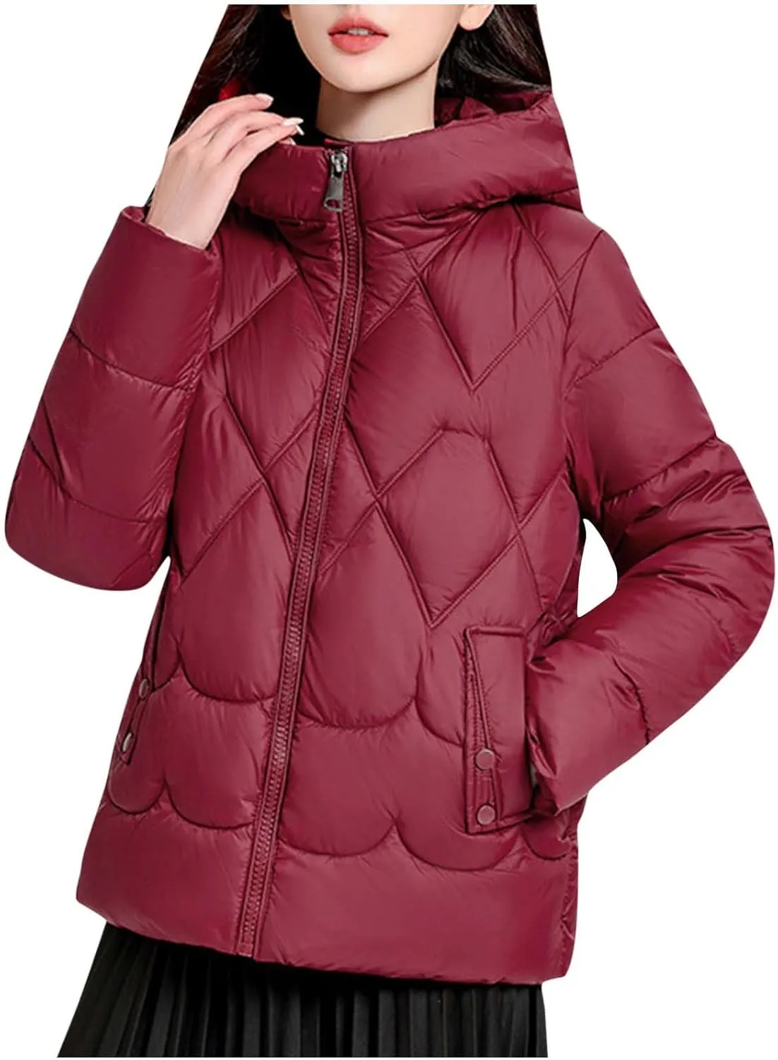 Womens Puffer Jacket Winter Solid Color Hooded Down Coat Thicken Warm Long Sleeves Jackets Casual Packable Coats