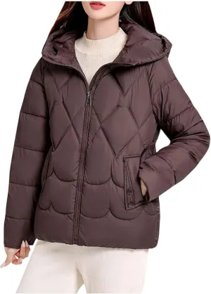 Womens Puffer Jacket Winter Solid Color Hooded Down Coat Thicken Warm Long Sleeves Jackets Casual Packable Coats