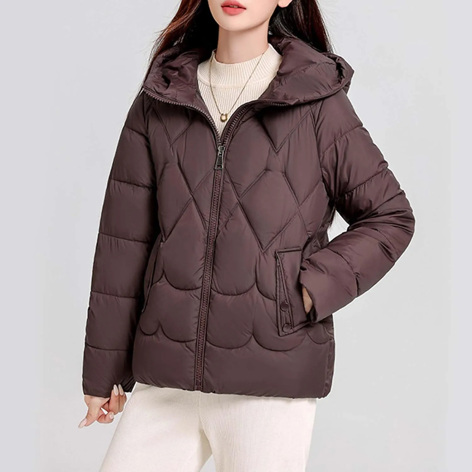 Womens Puffer Jacket Winter Solid Color Hooded Down Coat Thicken Warm Long Sleeves Jackets Casual Packable Coats