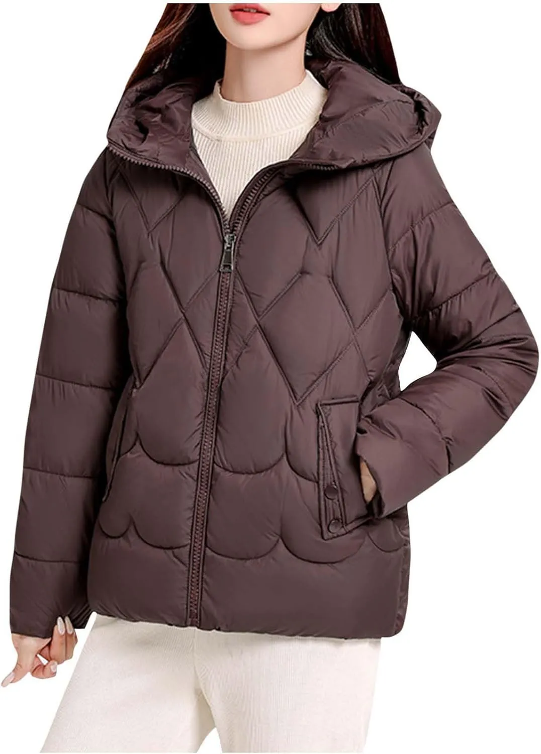 Womens Puffer Jacket Winter Solid Color Hooded Down Coat Thicken Warm Long Sleeves Jackets Casual Packable Coats