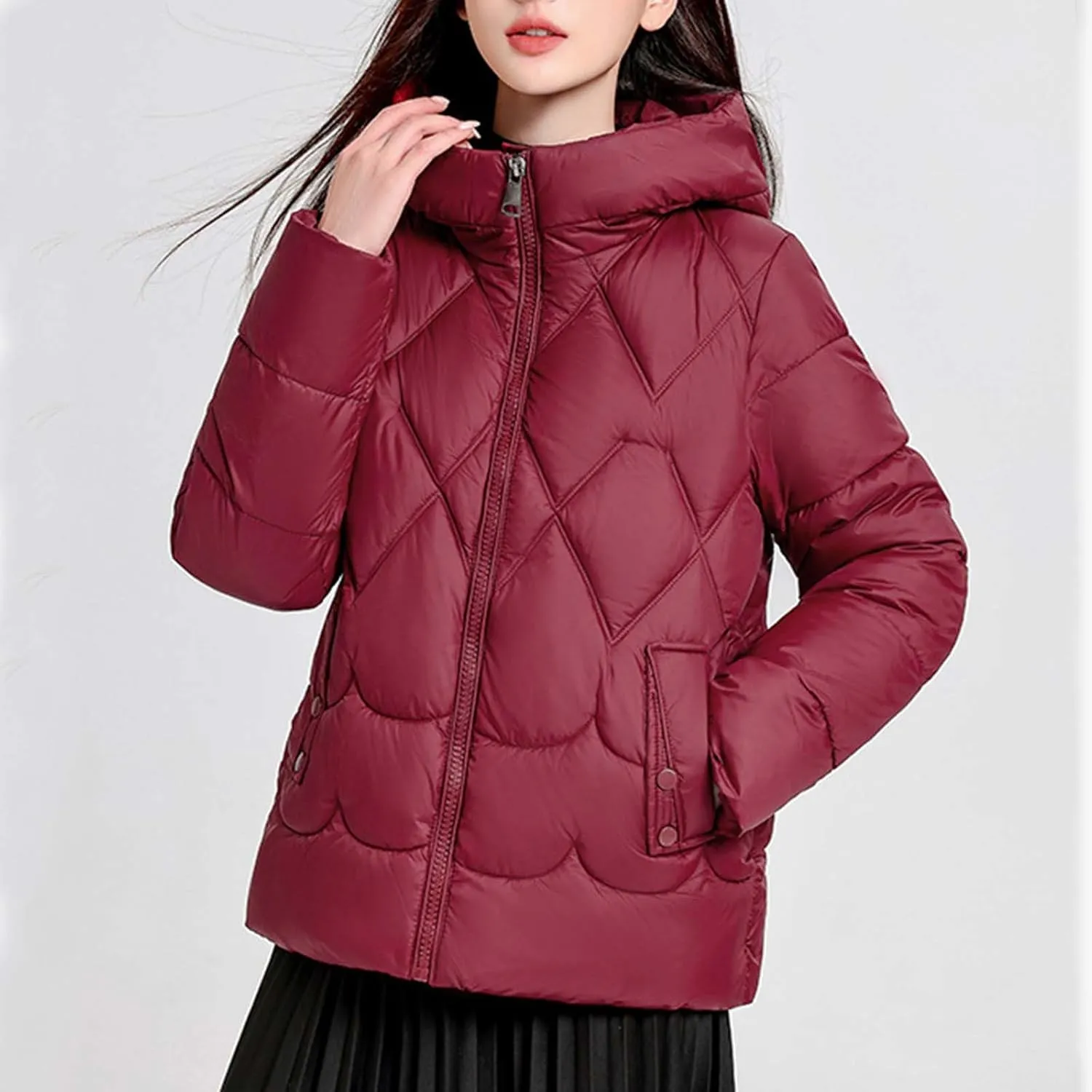Womens Puffer Jacket Winter Solid Color Hooded Down Coat Thicken Warm Long Sleeves Jackets Casual Packable Coats