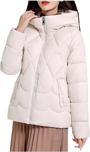 Womens Puffer Jacket Winter Solid Color Hooded Down Coat Thicken Warm Long Sleeves Jackets Casual Packable Coats
