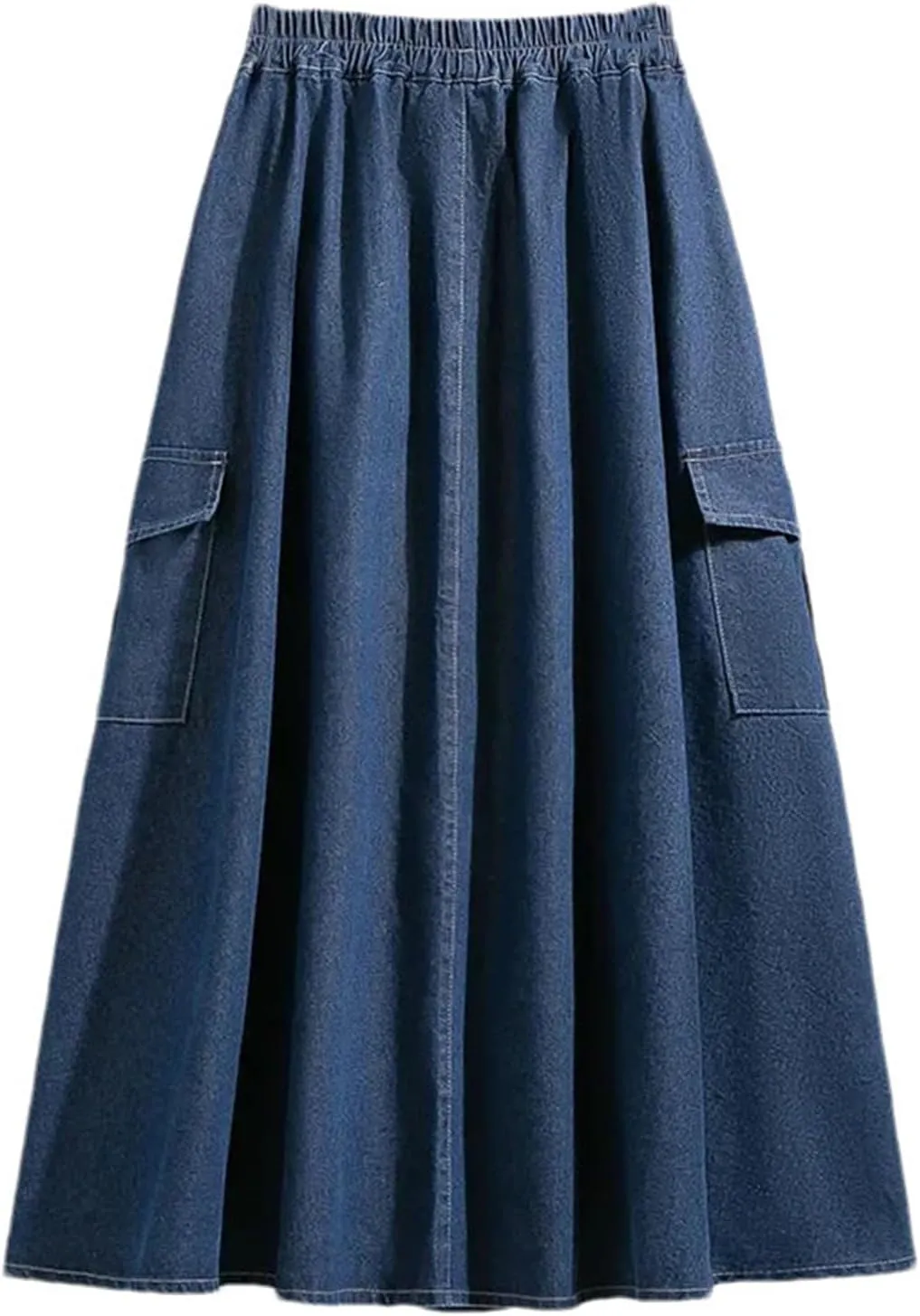 Women's Ruffle Edge A-Line Denim Skirt Summer Casual Solid Loose-Fit High Waist Long Skirt