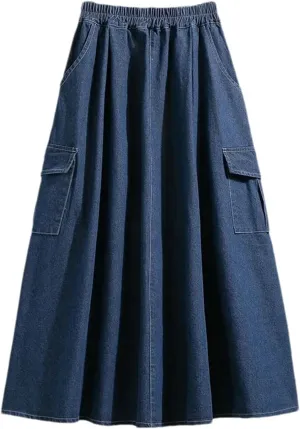 Women's Ruffle Edge A-Line Denim Skirt Summer Casual Solid Loose-Fit High Waist Long Skirt