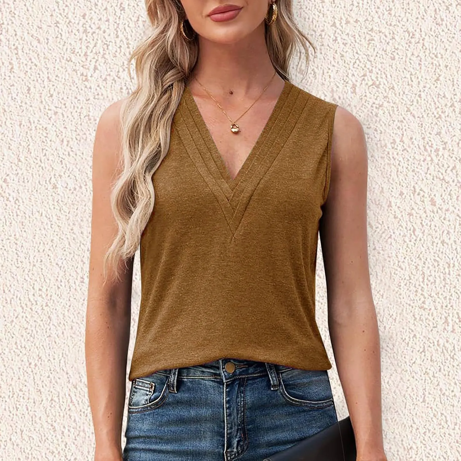 Womens Shirts Dressy Casual Sleeveless Slim Fit V-Neck Tank Top Ladies Basics Crewneck Casual T-Shirt Solid Color