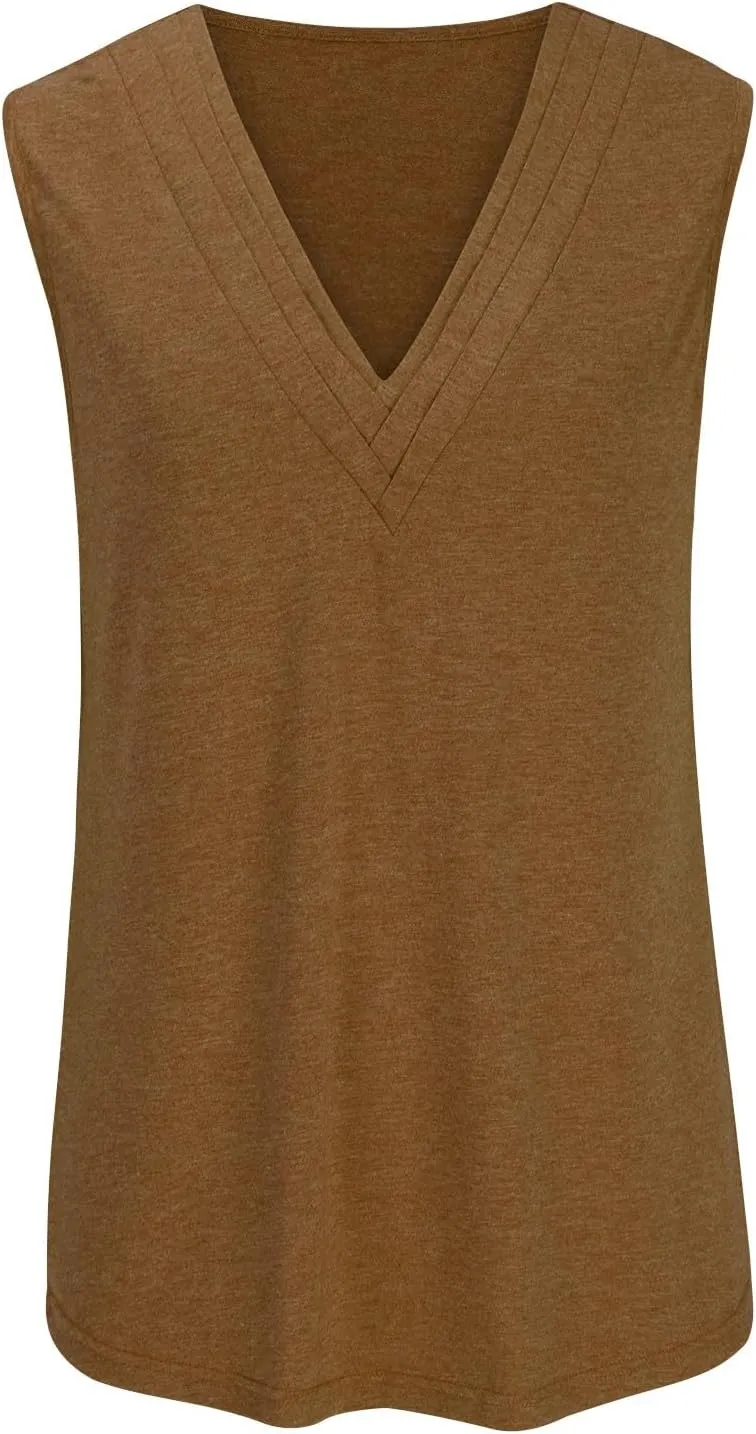 Womens Shirts Dressy Casual Sleeveless Slim Fit V-Neck Tank Top Ladies Basics Crewneck Casual T-Shirt Solid Color