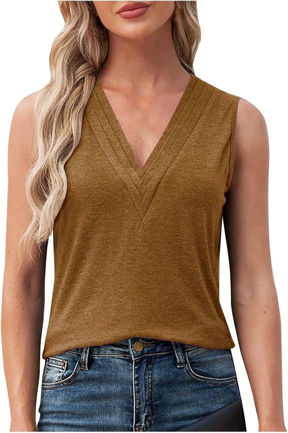 Womens Shirts Dressy Casual Sleeveless Slim Fit V-Neck Tank Top Ladies Basics Crewneck Casual T-Shirt Solid Color