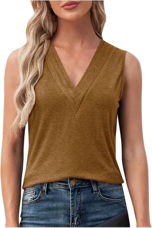 Womens Shirts Dressy Casual Sleeveless Slim Fit V-Neck Tank Top Ladies Basics Crewneck Casual T-Shirt Solid Color