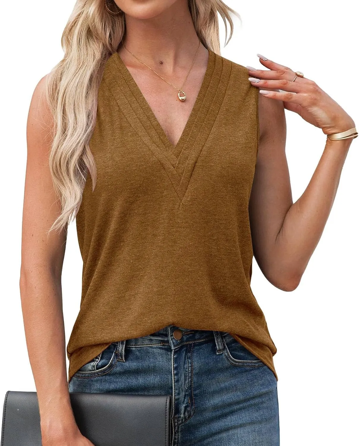 Womens Shirts Dressy Casual Sleeveless Slim Fit V-Neck Tank Top Ladies Basics Crewneck Casual T-Shirt Solid Color