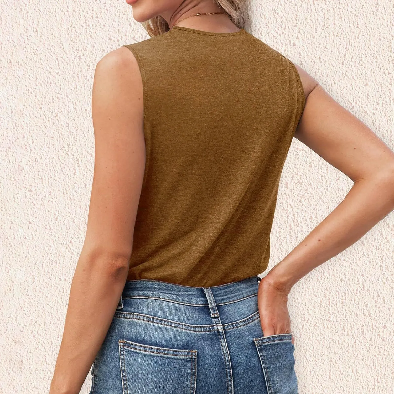 Womens Shirts Dressy Casual Sleeveless Slim Fit V-Neck Tank Top Ladies Basics Crewneck Casual T-Shirt Solid Color