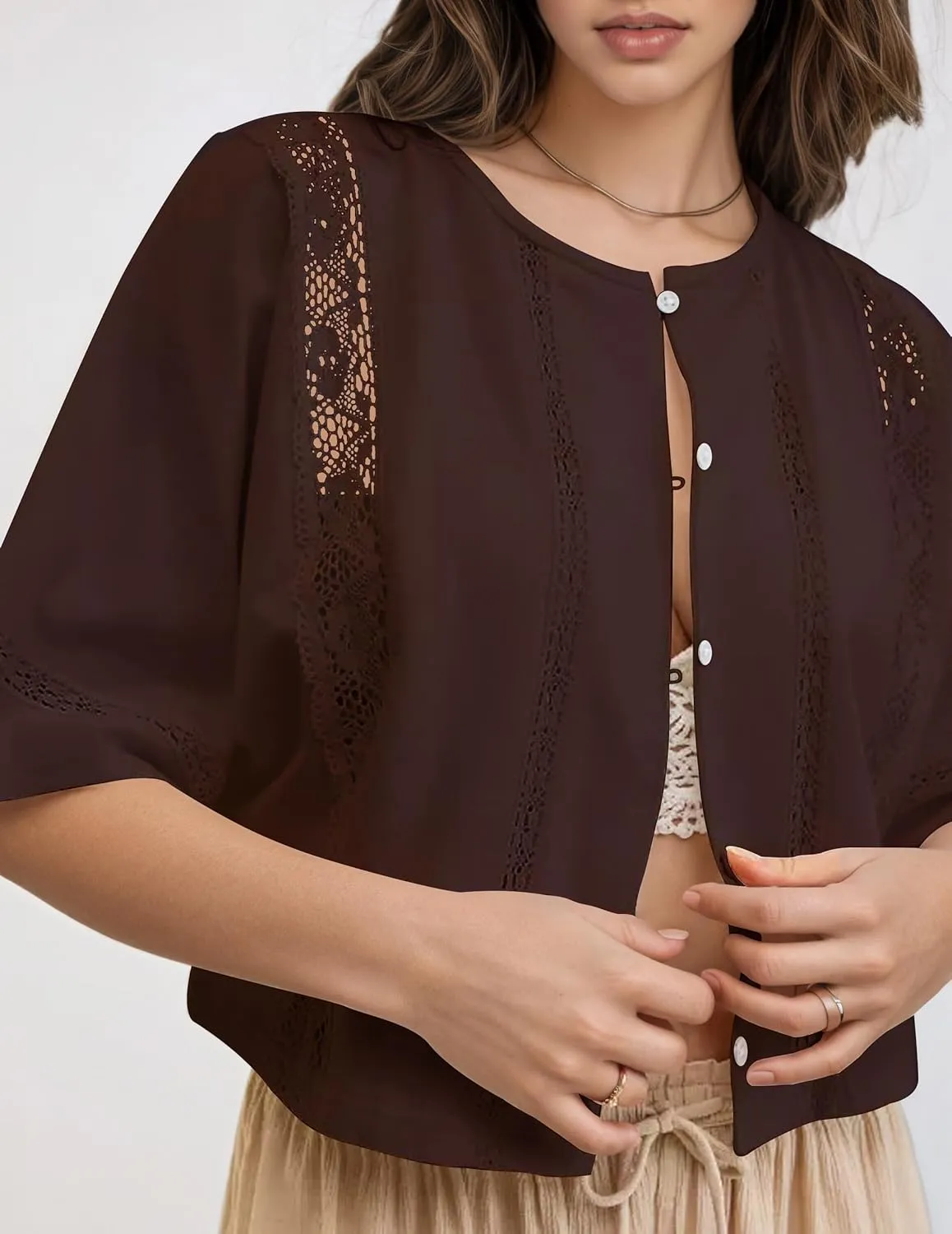 Womens Short Sleeve Cropped Cardigan Top Summer Lightweight Button Open Front Blouse Casual Lace Hollow Out Shirt