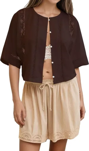 Womens Short Sleeve Cropped Cardigan Top Summer Lightweight Button Open Front Blouse Casual Lace Hollow Out Shirt