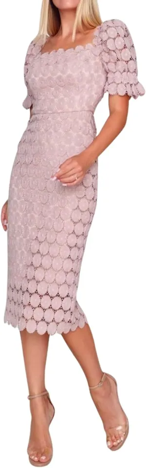 Women's Short Sleeve Lace Floral Elegant Cocktail Wedding Guest Dress Off The Shoulder Knee Length for Party