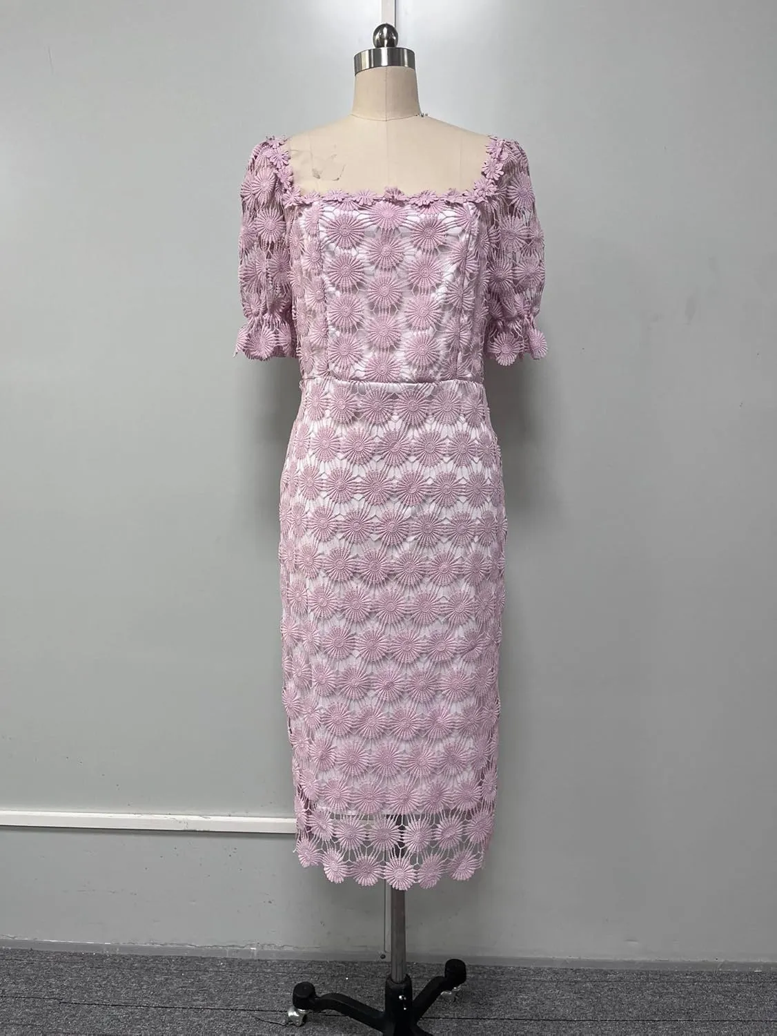 Women's Short Sleeve Lace Floral Elegant Cocktail Wedding Guest Dress Off The Shoulder Knee Length for Party