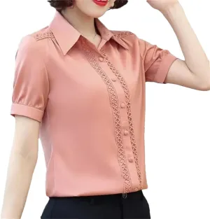 Women's Short Sleeve Turn-Down Collar Summer Button Lace Patchwork Solid Color Shirt Comfortable Chiffon Tops