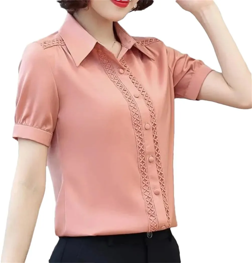 Women's Short Sleeve Turn-Down Collar Summer Button Lace Patchwork Solid Color Shirt Comfortable Chiffon Tops