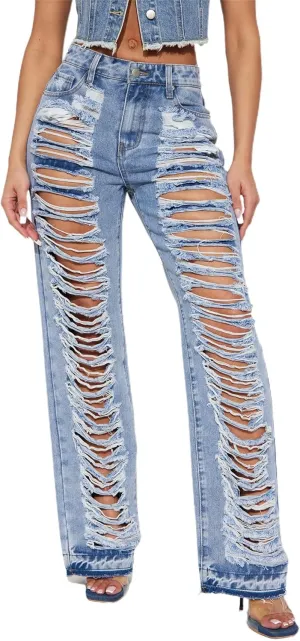 Women's Skinny Ripped Jeans Stretch Destroyed High Waist Denim Pants